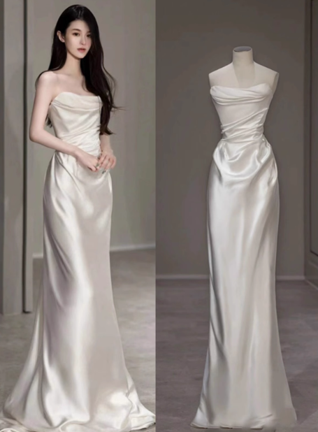 Vestido de novia de ensueño, sin tirantes, de satén blanco, largo, de verano, con capa, W0718