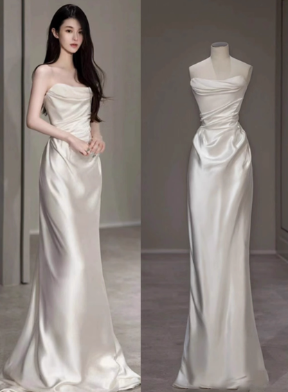 Vestido de novia de ensueño, sin tirantes, de satén blanco, largo, de verano, con capa, W0718