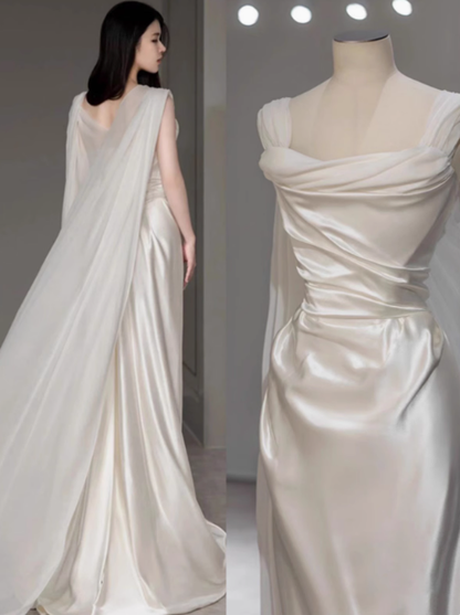 Vestido de novia de ensueño, sin tirantes, de satén blanco, largo, de verano, con capa, W0718