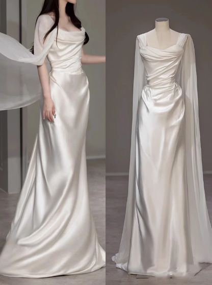 Vestido de novia de ensueño, sin tirantes, de satén blanco, largo, de verano, con capa, W0718