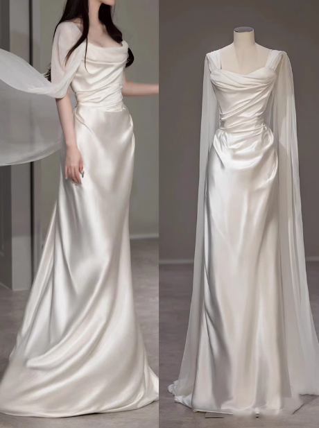 Vestido de novia de ensueño, sin tirantes, de satén blanco, largo, de verano, con capa, W0718