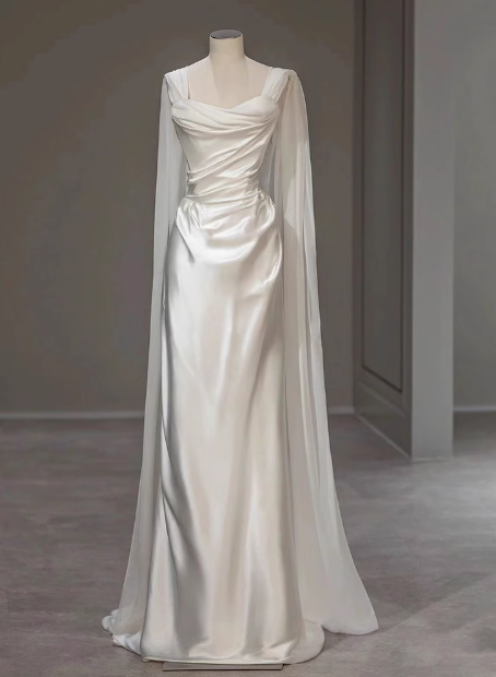 Vestido de novia de ensueño, sin tirantes, de satén blanco, largo, de verano, con capa, W0718