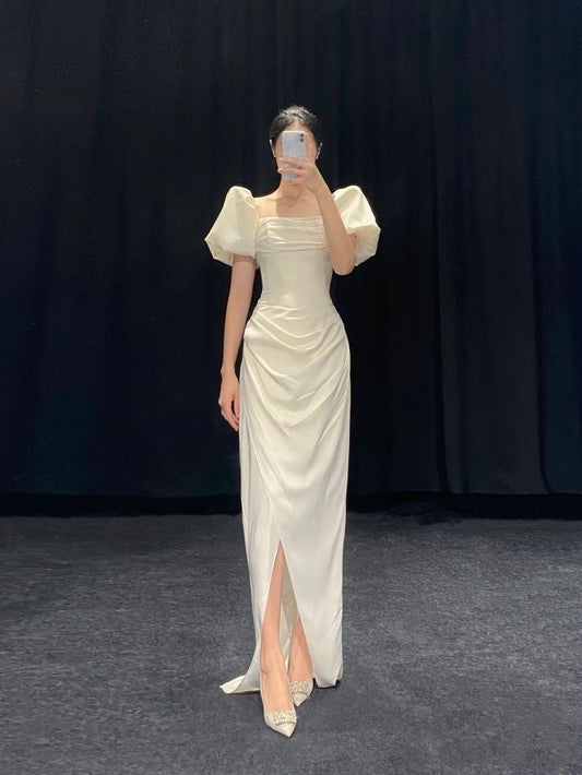 Vestido de novia vintage, corte tubo, escote cuadrado, manga corta, blanco, largo para playa, para verano, W0720