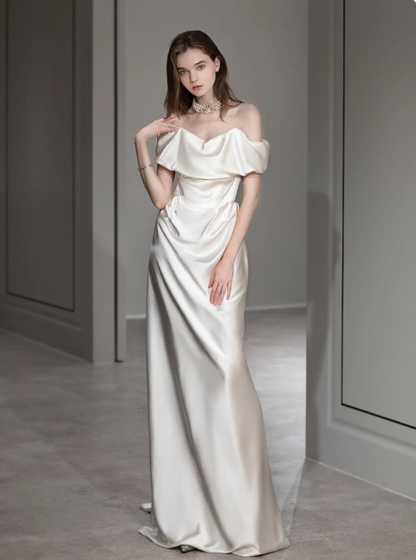 Vestido de novia de ensueño, corte tubo, hombros descubiertos, satén blanco, largo de verano, con mangas, W0720
