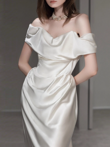Vestido de novia de ensueño, corte tubo, hombros descubiertos, satén blanco, largo de verano, con mangas, W0720