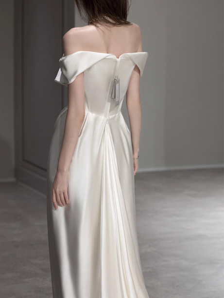 Vestido de novia de ensueño, corte tubo, hombros descubiertos, satén blanco, largo de verano, con mangas, W0720