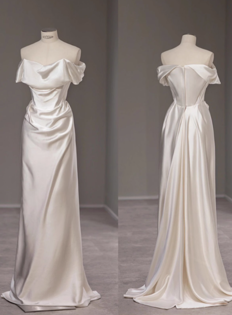 Vestido de novia de ensueño, corte tubo, hombros descubiertos, satén blanco, largo de verano, con mangas, W0720