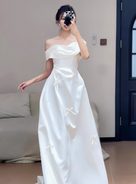 Vestido de novia de ensueño, corte A, hombros descubiertos, satén blanco, largo de verano, con mangas W0721