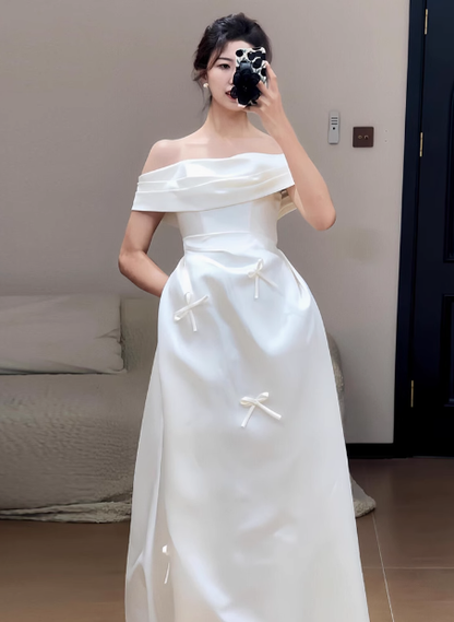 Vestido de novia de ensueño, corte A, hombros descubiertos, satén blanco, largo de verano, con mangas W0721