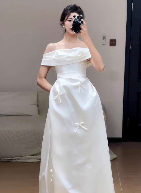 Vestido de novia de ensueño, corte A, hombros descubiertos, satén blanco, largo de verano, con mangas W0721