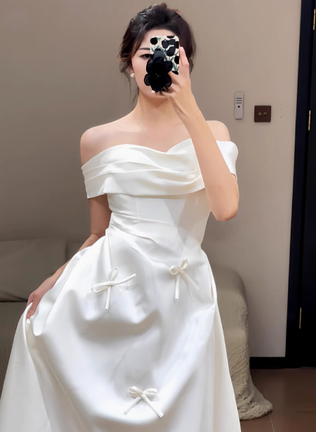 Vestido de novia de ensueño, corte A, hombros descubiertos, satén blanco, largo de verano, con mangas W0721