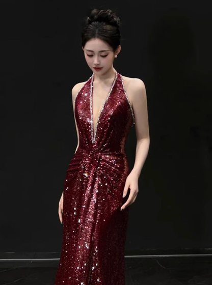 Vestido formal de sirena con escote en V y lentejuelas burdeos, para 20 cumpleaños, vestidos de fiesta, sin espalda, para 18 cumpleaños, W0722