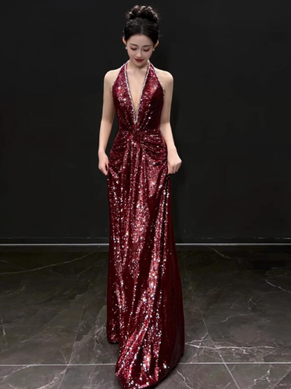 Vestido formal de sirena con escote en V y lentejuelas burdeos, para 20 cumpleaños, vestidos de fiesta, sin espalda, para 18 cumpleaños, W0722