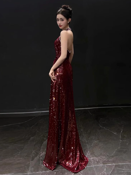 Vestido formal de sirena con escote en V y lentejuelas burdeos, para 20 cumpleaños, vestidos de fiesta, sin espalda, para 18 cumpleaños, W0722