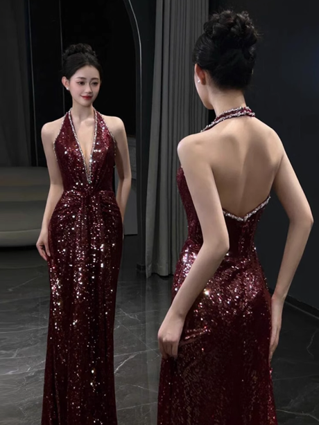 Vestido formal de sirena con escote en V y lentejuelas burdeos, para 20 cumpleaños, vestidos de fiesta, sin espalda, para 18 cumpleaños, W0722