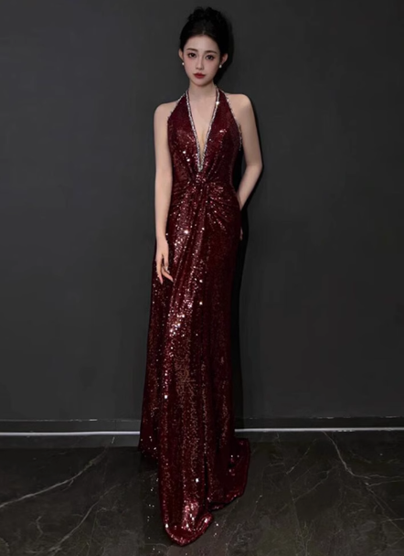 Vestido formal de sirena con escote en V y lentejuelas burdeos, para 20 cumpleaños, vestidos de fiesta, sin espalda, para 18 cumpleaños, W0722