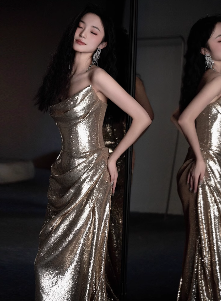 Vestido formal de sirena modesto sin tirantes con lentejuelas color champán para 20 cumpleaños, vestidos de fiesta sin espalda para 18 cumpleaños, W0723