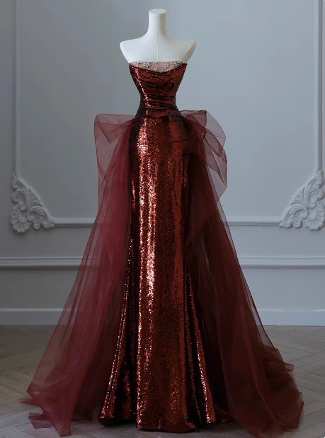 Vestido formal de sirena modesto sin tirantes con lentejuelas burdeos para 20 cumpleaños, vestidos de fiesta y 18 cumpleaños, W0724