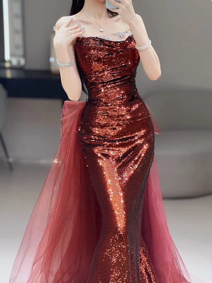 Vestido formal de sirena modesto sin tirantes con lentejuelas burdeos para 20 cumpleaños, vestidos de fiesta y 18 cumpleaños, W0724