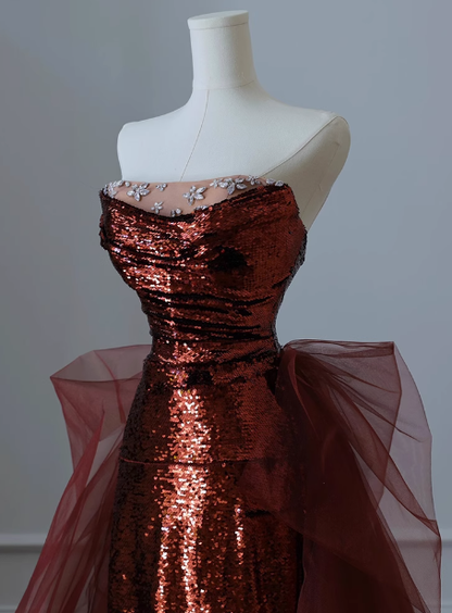 Vestido formal de sirena modesto sin tirantes con lentejuelas burdeos para 20 cumpleaños, vestidos de fiesta y 18 cumpleaños, W0724