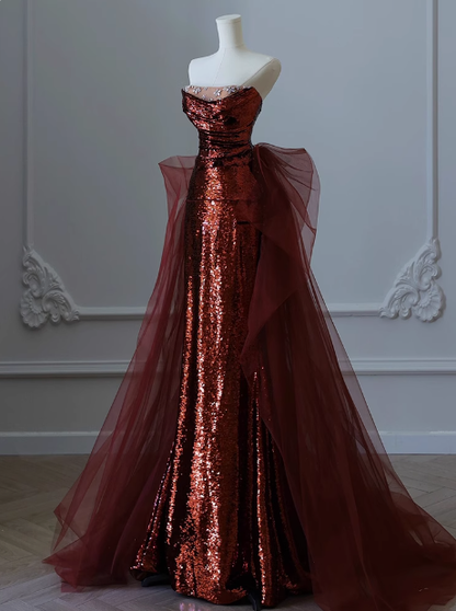 Vestido formal de sirena modesto sin tirantes con lentejuelas burdeos para 20 cumpleaños, vestidos de fiesta y 18 cumpleaños, W0724