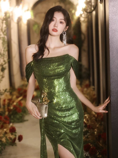 Vestido largo formal con hombros descubiertos y lentejuelas verdes, corte en A, para invitada de boda de verano, W0725