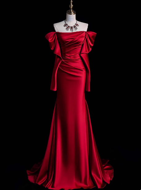 Vestido largo de satén rojo con hombros descubiertos y elegante vestido de fiesta formal de verano para invitadas de boda W0726