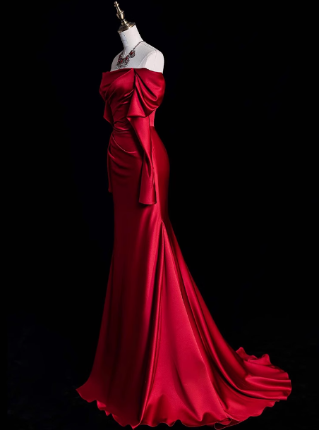 Vestido largo de satén rojo con hombros descubiertos y elegante vestido de fiesta formal de verano para invitadas de boda W0726