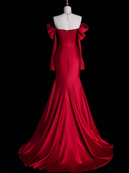 Vestido largo de satén rojo con hombros descubiertos y elegante vestido de fiesta formal de verano para invitadas de boda W0726