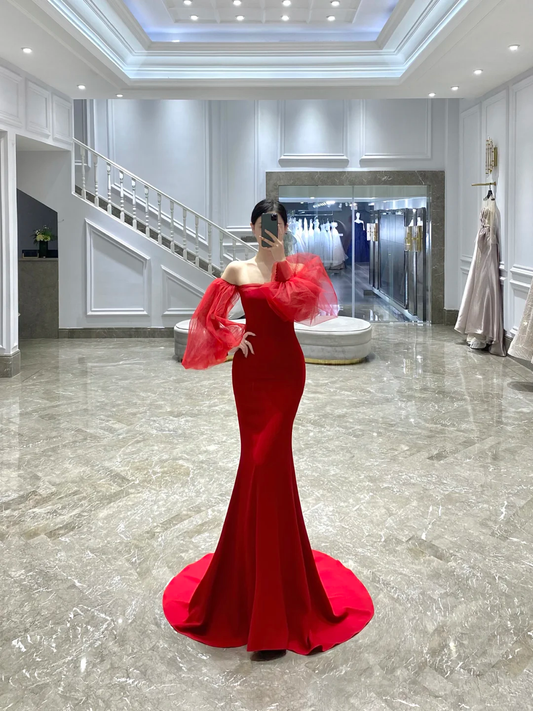 Elegante vestido de fiesta largo rojo con hombros descubiertos y corte sirena, vestido formal de verano para invitada de boda, atuendos de boda para invitada W0733