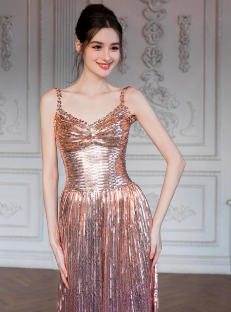 Vestido formal modesto de corte A con tirantes y lentejuelas rosas para cumpleaños número 20, vestidos de fiesta y atuendos para cumpleaños número 18, W0734