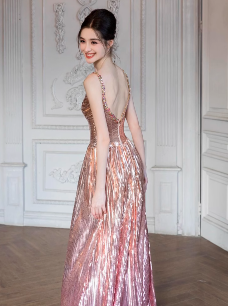 Vestido formal modesto de corte A con tirantes y lentejuelas rosas para cumpleaños número 20, vestidos de fiesta y atuendos para cumpleaños número 18, W0734