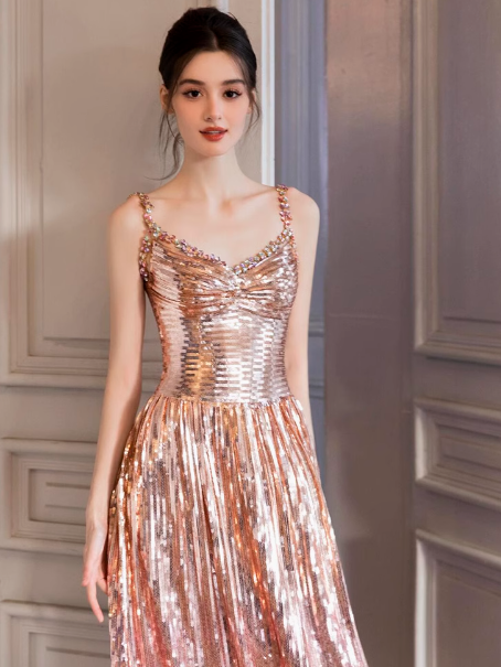 Vestido formal modesto de corte A con tirantes y lentejuelas rosas para cumpleaños número 20, vestidos de fiesta y atuendos para cumpleaños número 18, W0734
