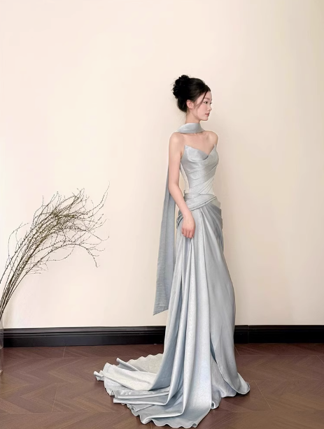 Vestido formal azul claro de satén con escote corazón y corte sirena modesto para 20 cumpleaños, vestidos de fiesta y 18 cumpleaños, W0735