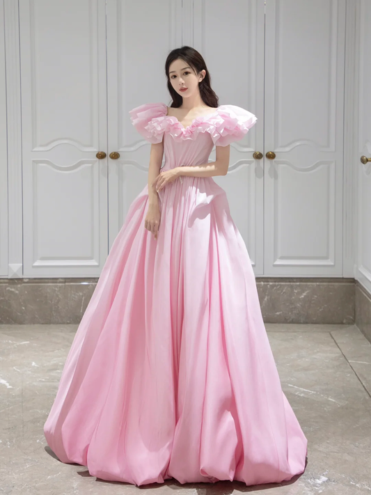 Hermoso vestido de fiesta de quinceañera largo de satén rosa con escote corazón, vestido formal de 15 años, vestido de dulces 16 W0737