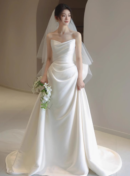 Vestido de novia de ensueño, corte corazón, satén blanco, largo, de verano, W0737