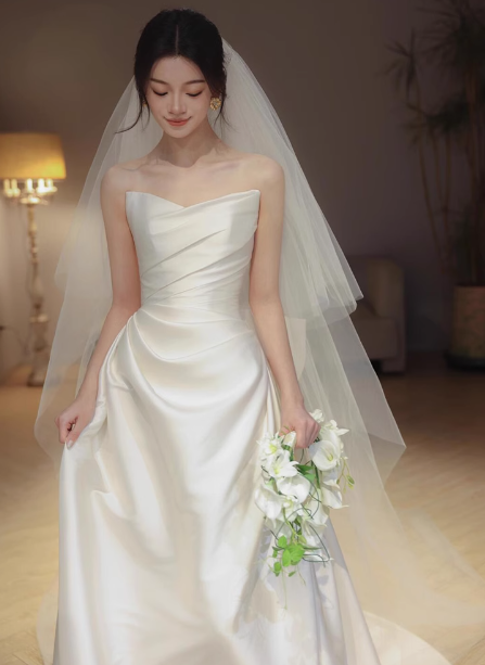 Vestido de novia de ensueño, corte corazón, satén blanco, largo, de verano, W0737