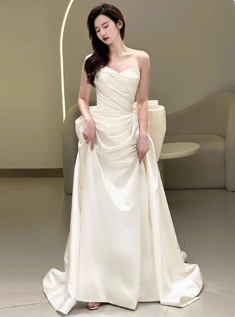 Vestido de novia de ensueño, corte corazón, satén blanco, largo, de verano, W0737