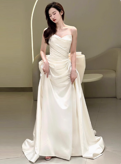 Vestido de novia de ensueño, corte corazón, satén blanco, largo, de verano, W0737