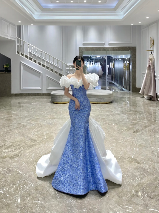 Vestido de noche largo de satén azul con hombros descubiertos y elegante, vestido de verano para invitada de boda, vestido de novia para invitada, atuendos de boda para invitada W0739