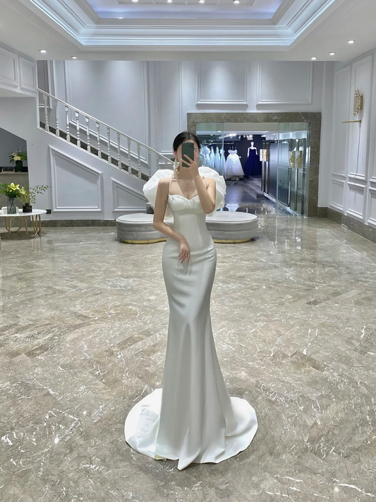 Vestido de novia de ensueño, corte sirena, tirantes finos, satén blanco, largo de verano, W0740