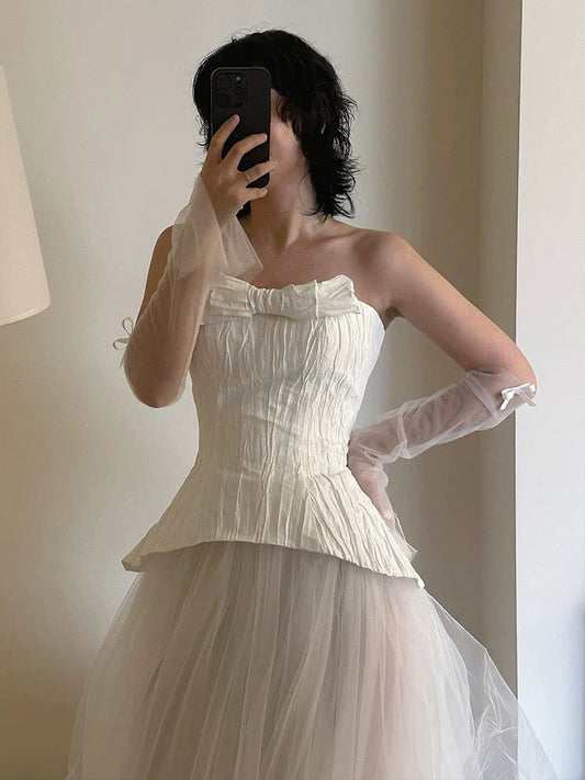 Vestido de novia de ensueño, vestido de fiesta sin tirantes de tul blanco, vestidos de novia largos de verano W0741