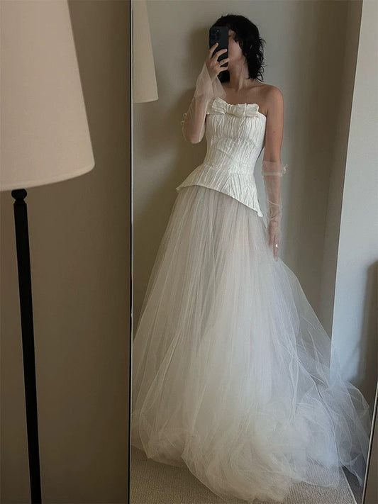 Vestido de novia de ensueño, vestido de fiesta sin tirantes de tul blanco, vestidos de novia largos de verano W0741
