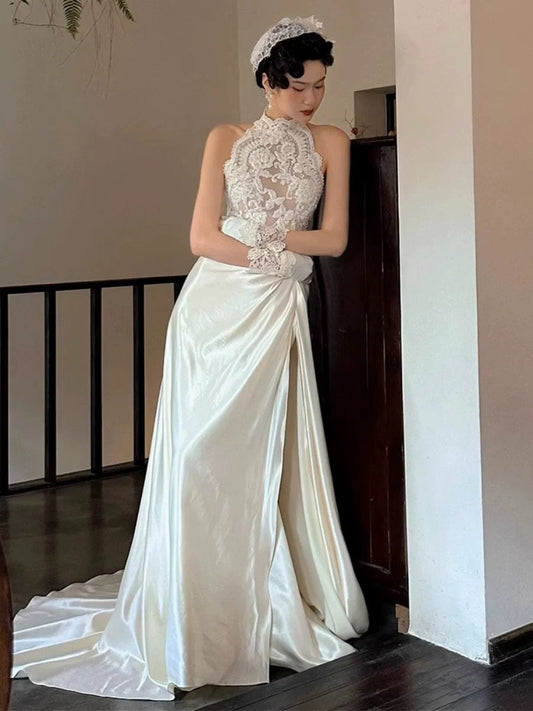 Vestido de novia vintage de corte A, cuello alto, satén blanco, largo de verano, W0746