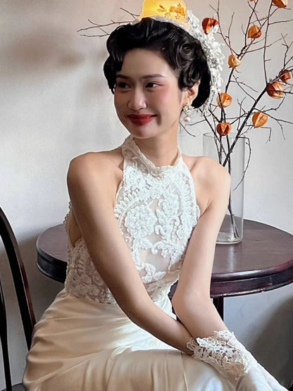 Vestido de novia vintage de corte A, cuello alto, satén blanco, largo de verano, W0746