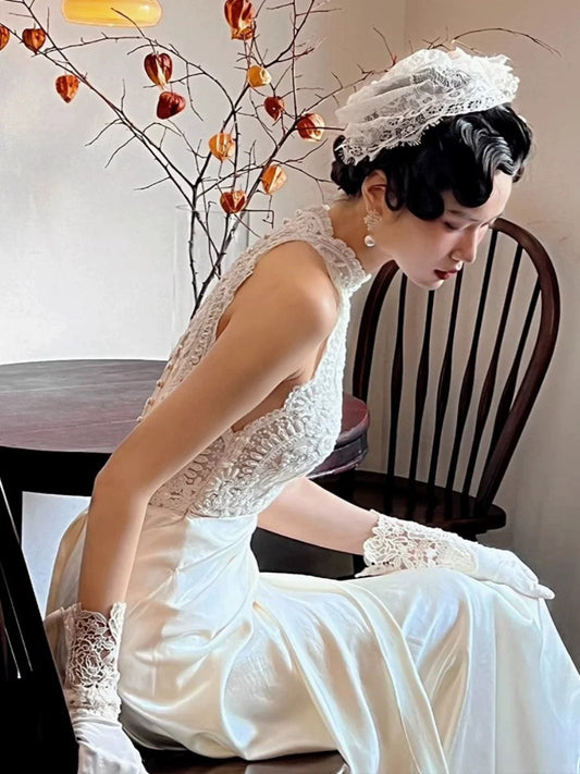 Vestido de novia vintage de corte A, cuello alto, satén blanco, largo de verano, W0746