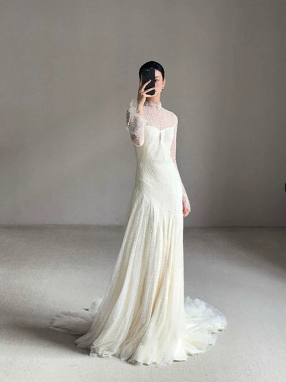 Vestido de novia vintage de sirena, cuello alto, mangas largas, encaje blanco, vestidos de novia largos de verano W0748