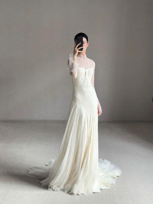 Vestido de novia vintage de sirena, cuello alto, mangas largas, encaje blanco, vestidos de novia largos de verano W0748