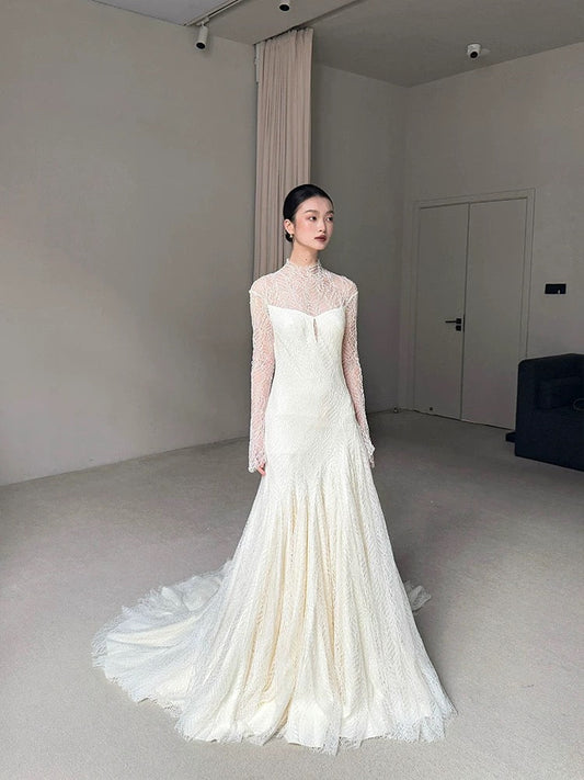 Vestido de novia vintage de sirena, cuello alto, mangas largas, encaje blanco, vestidos de novia largos de verano W0748