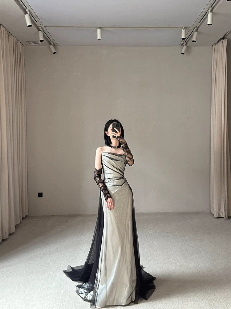 Vestido de novia vintage de sirena sin tirantes, negro, largo de verano, W0750